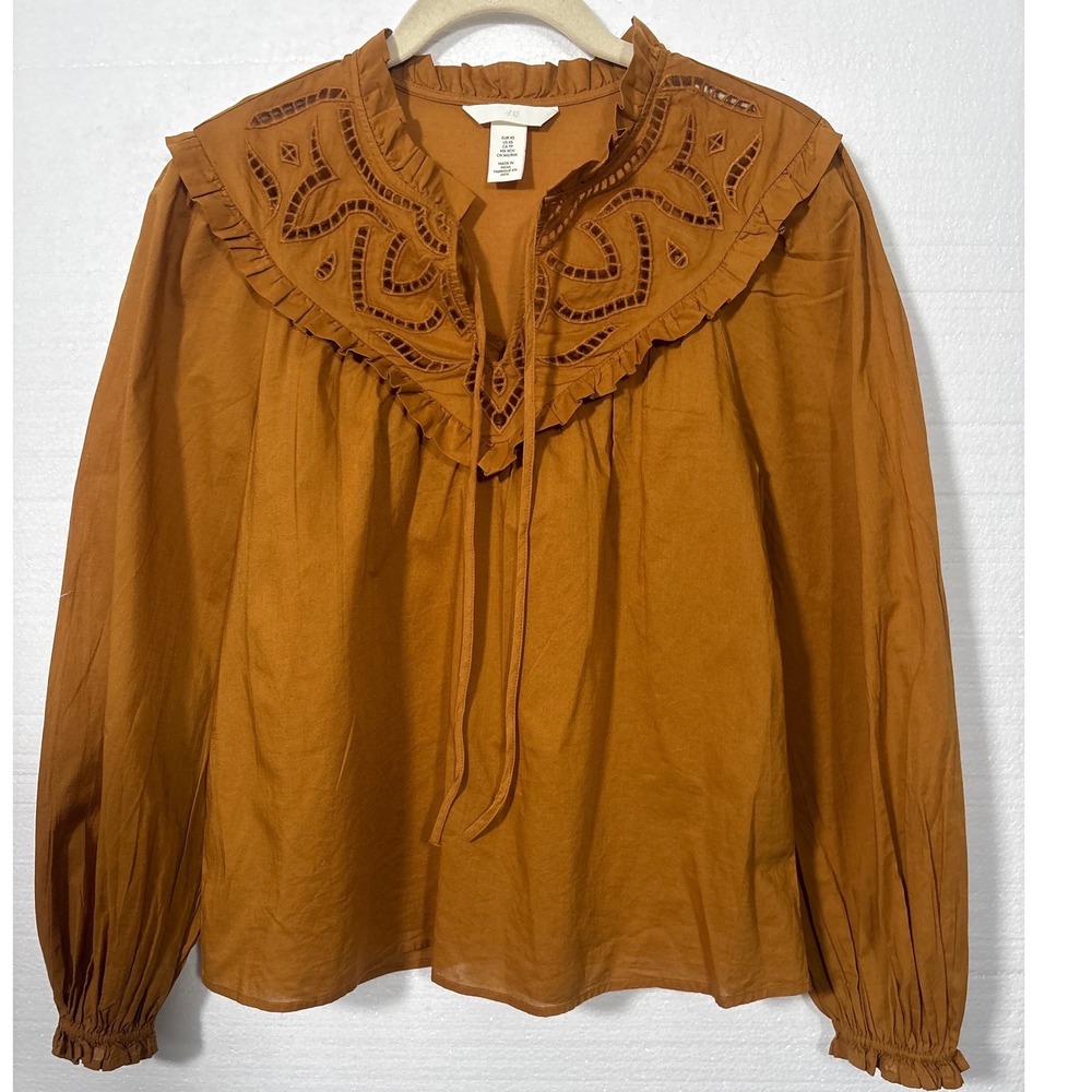 H&M Embroidered eyelet Ruffle Cotton‎ Peasant Blouse Cinnamon XS